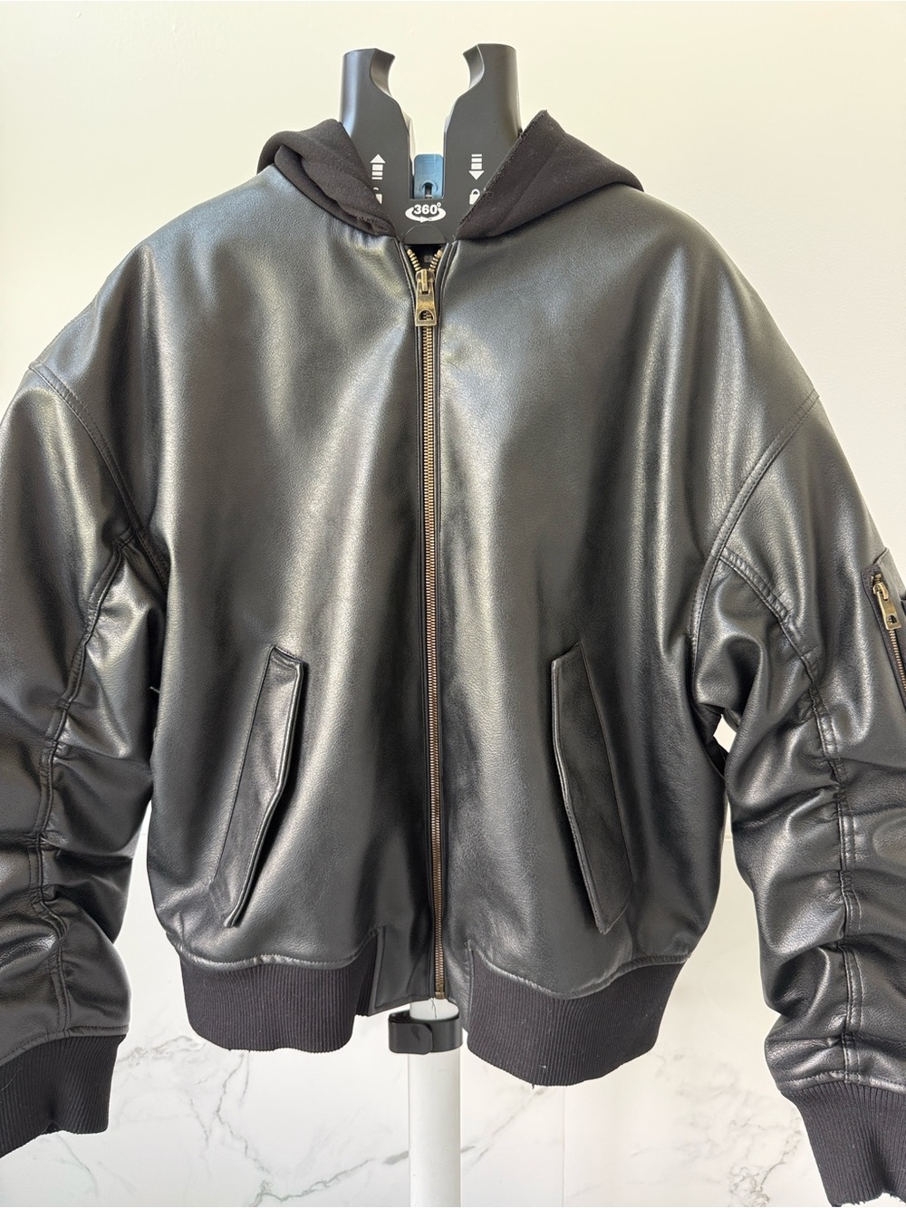 Zara Black Faux Leather Hooded Bomber Jacket
